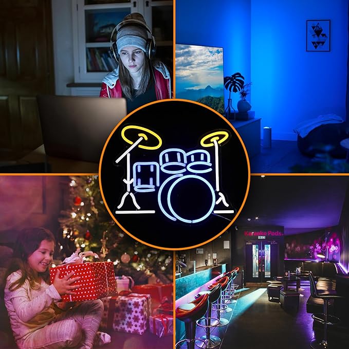 LISIGNVE Drum Kit Neon Sign, Neon Light Sign, Led Neon Light for Wall, USB Powered Led Neon Signs for Live Music, Music Studio, Party Decoration