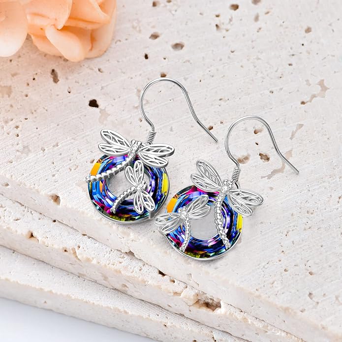 TOUPOP Dragonfly Gifts for Women Sterling Silver Dragonfly Earrings with Circle Crystal Dragonfly Dangle Drop Earrings Jewelry Gifts for Women Mom Birthday Christmas