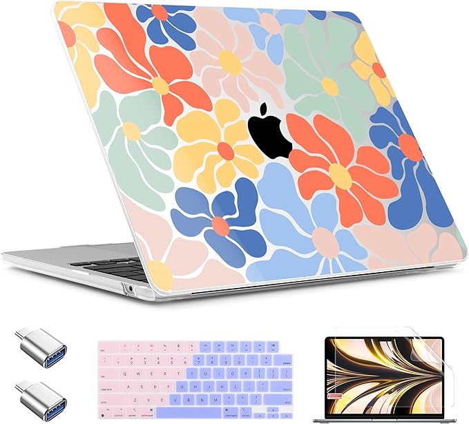TWOLSKOO Compatible with M4 MacBook Air 13.6 inch Case 2025-2022 Release M4 A3240 M3 A3113 M2 A2681, Plastic Hard Shell & Keyboard Cover & Type C Adapter & Screen Protector, Chamomile Blue