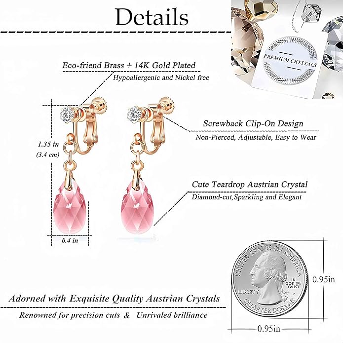 Teardrop Austrian Crystal Drop Clip On Dangle Earrings for Women Non Pierced 14K Rose Gold Plated Hypoallergenic Jewelry