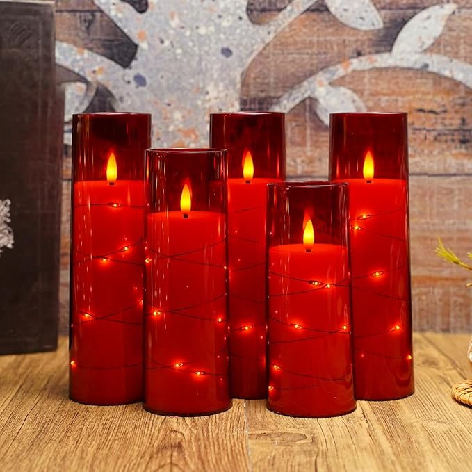 Flameless Candles with Embedded Star String, Battery Operated LED Pillar Candles with Timer and Remote Control,Home Decorating for Ambiance， Set of 7 (Red)