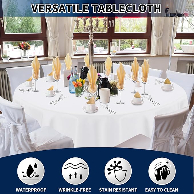 PureFit 10 Pack Round White Table Cloths 90 Inch for Round Tables, Stain and Wrinkle Resistant Table Linens for Home Use, Wedding, Party, Banquet and Camping