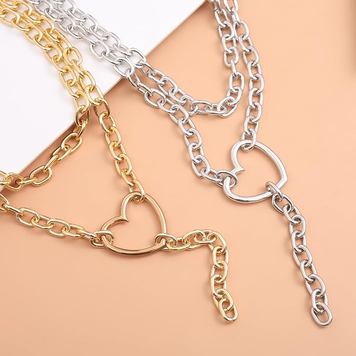 Chunky Layered Big Heart Gold Y Necklaces for Women, Statement Thick Silver Cuban Chain Trendy Bold Choker Necklaces Punk Valentine Bar Jewelry Gifts