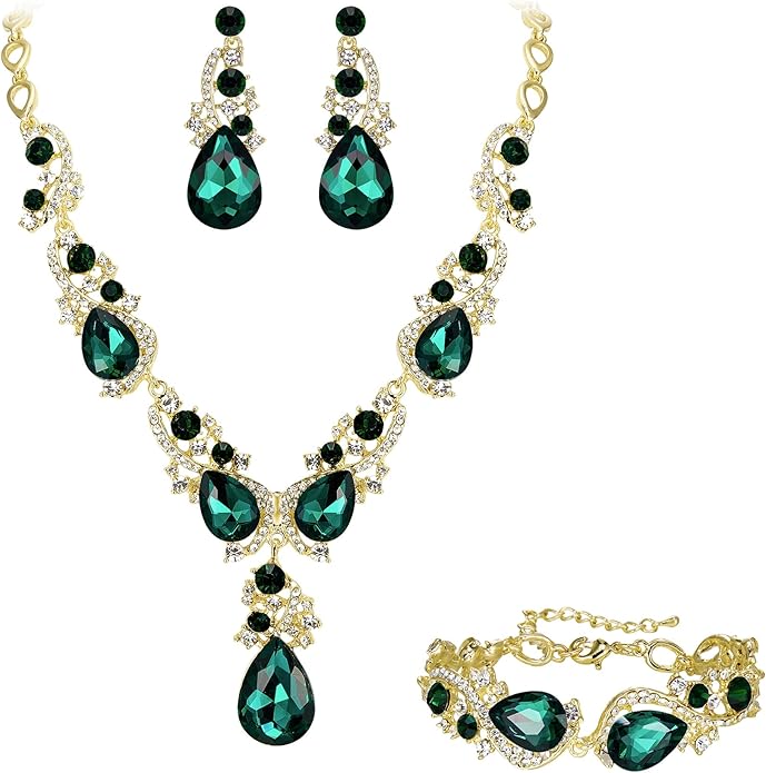 BriLove Wedding Bridal Jewelry for Women Multi Teardrop Cluster Crystal Statement Necklace Dangle Earrings Link Bracelet Set