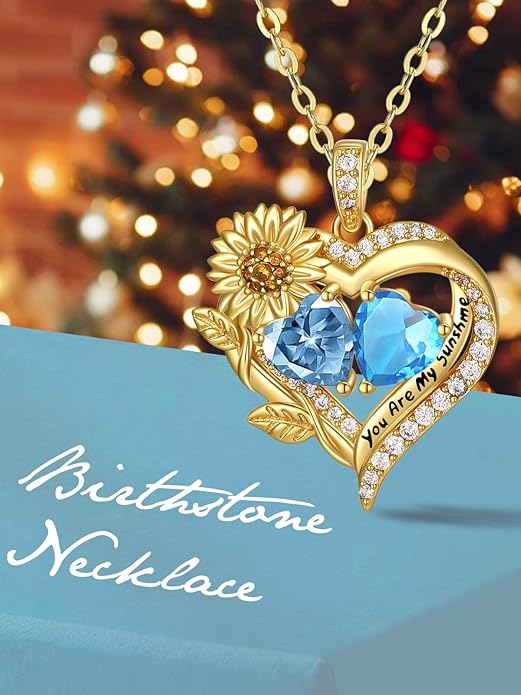 Sunflower Heart Necklace for Women 14K Gold Exquisite Valentines Day Anniversary Birthday Gifts for Wife Mother Her Double Birthstone Pendant Jewelry‘You Are My Sunshine’
