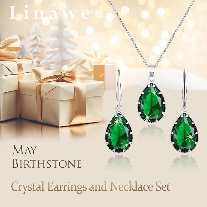 Linawe Crystal Jewelry Sets for Women, Imitation Diamond Pendant Necklace, Rhinestone Drop Dangle Earrings, Birthstone Cubic Zirconia Matching Wedding Jewelry, 14K Gold/Rose Gold/Silver Tones
