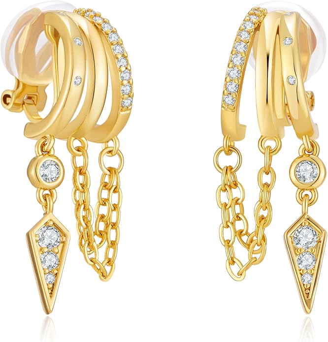 Gold Clip On Earrings for Women Sparkly Tassel Chain Drop Clip-On Earrings 18k Gold Plated Statement Non-Pierced Jewelry Gifts