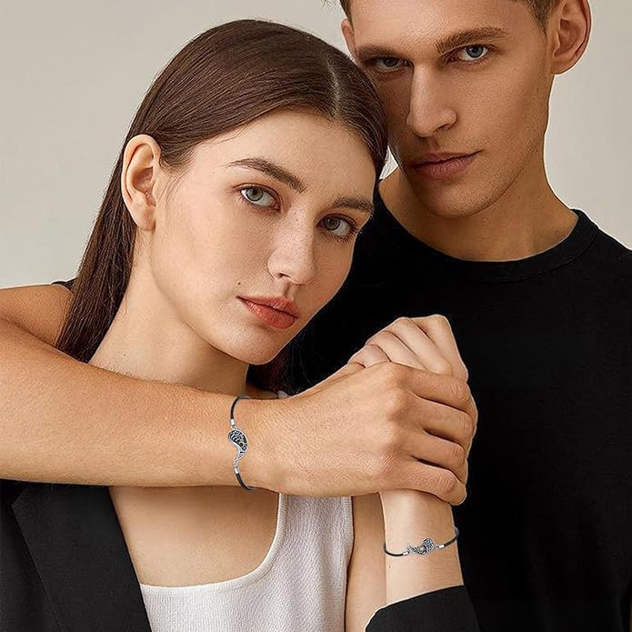 Yin Yang Bracelet 925 Sterling Silver Couple Friendship Bracelets Tree of Life/Sun Moon/Mountain/Lotus Abalone Jewelry for Women Men Couples, Leather Cord 7+2 in