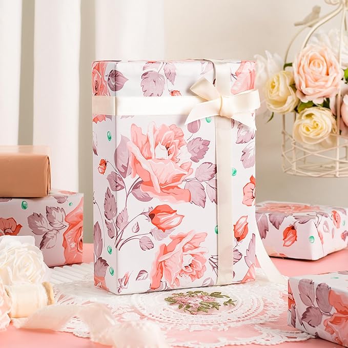 MAYPLUSS Flower Gift Wrapping Paper Roll - 17Inch x 33Feet - Luxury Elegant Floral with Gold Pattern Girl Gift Wrap Present Sheet for Wedding, Bridal Shower, Birthday, Engagement and Mother's Day