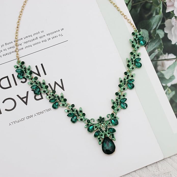Wedding Leaf Flower Crystal Teardrop Pendant Necklace Dangle Earrings Stretch Bracelet Jewelry Set for Women Bridal Party Prom