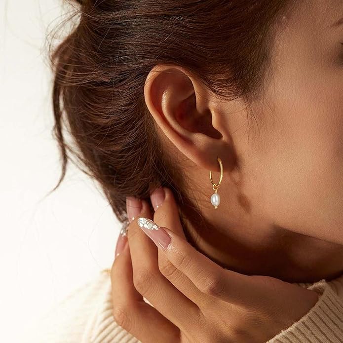 Gold Pearl Dangle Earrings for Women, 14K Gold Plated Small Pearl Drop Huggie Hoop Earrings, Hypoallergenic Dainty Gold Earrings Wedding Jewelry Gifts for Women Trendy