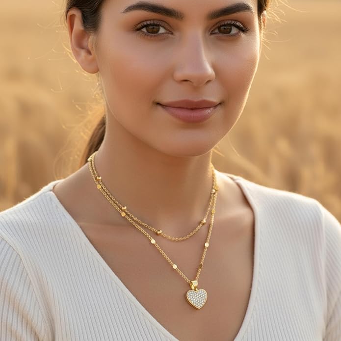 Heart Necklaces for Women 14K Gold Plated Layered Necklace Set with Cubic Zirconia Heart Pendant, Dainty Stackable Choker Chain, Gift for Her