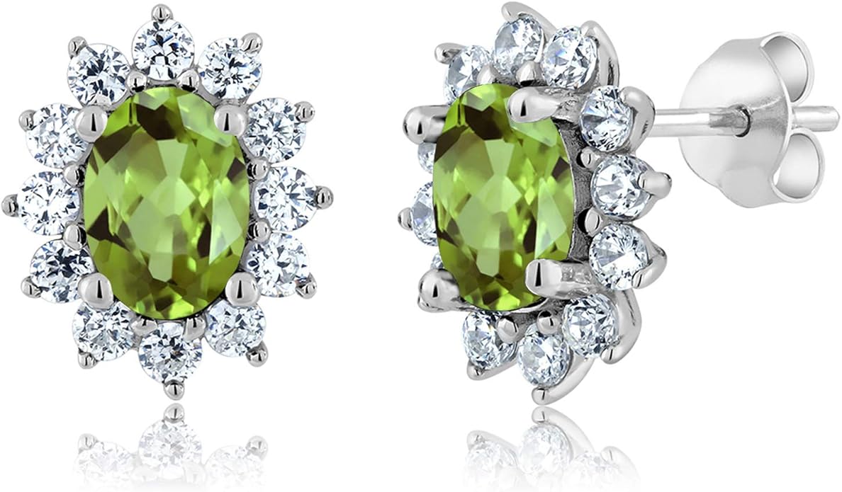 Gem Stone King 7X5MM Oval Gemstone Birthstone Stud Earrings For Women | Princess Diana Royal Halo Style | 925 Sterling Silver | Fine Jewelry Gifts for Anniversary Wedding Her Mom Women Wife