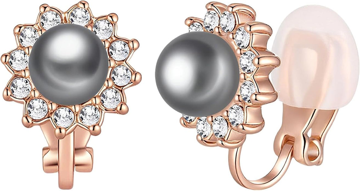 EVEVIC Austrian Crystal Pearl Clip On Earrings for Women Non Pierced Earings 14K Gold Plated Hypoallergenic Jewelry