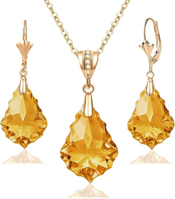 EVEVIC Austrian Crystals Baroque Pendant Necklace Earrings for Women 14K Gold Plated Hypoallergenic Leverback Drop Dangle Earrings Jewelry Set