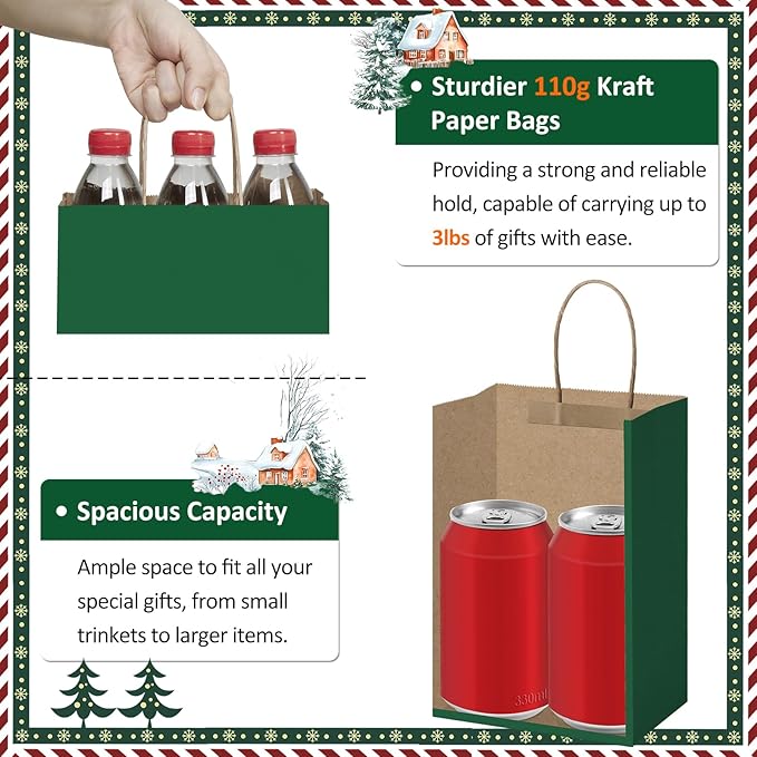 BagDream Forest Green Gift Bags with Handles Bulk 5.25x3x8 Inch 100Pcs Small Kraft Paper Bags for Christmas, Thanksgiving, Craft, Party Favors, Retail, Grocery, Recyclable