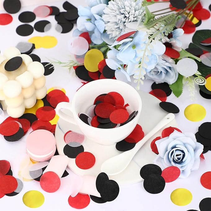 TecUnite Round Tissue Paper Table Confetti Dots for Wedding Birthday Party Decoration, 1.76 oz(Black White Red Gold Confetti,2.5 cm)