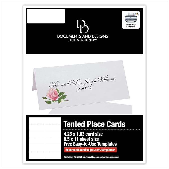 Pink Tea Rose Printable Place Cards, Set of 150 (25 Sheets), Laser & Inkjet Printers - Wedding, Party, Dinner, and Special Events - Made in the USA