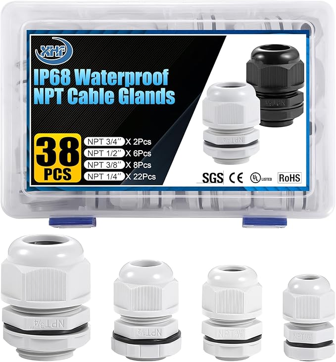 XHF IP68 Nylon Waterproof NPT Cable Glands Kit 38pcs 1/4", 3/8'', 1/2'', 3/4'' UL Listed and RoHS Cord Grip Compliant Cable Strain Relief Grey