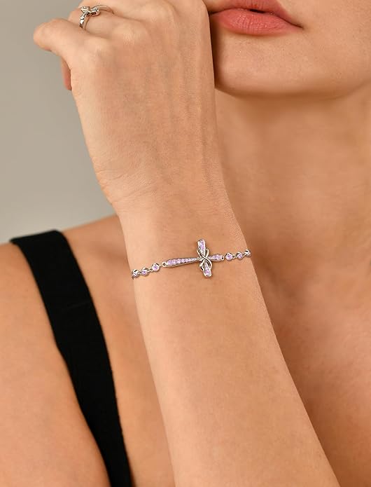 YL Cross Bracelet 925 Sterling Silver Infinity Sideways Link Bracelet Birthstone Jewelry for Women