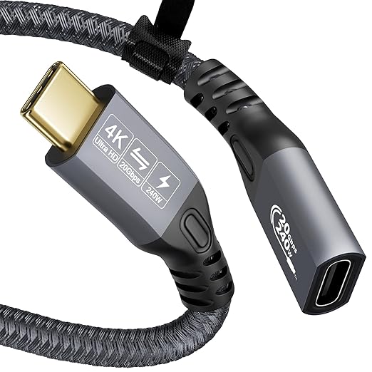 Type C Cable, 240W 48V/5A USBC to USB C 3.2 Gen2×2 Extension Cable, 20Gps Male Female Extender Cable, 4K@60Hz Dual C Video Cord for MacBook Pro, Dell, Arzopa, Galaxy, Portable Monitor