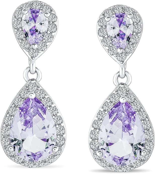 Vintage Style Bridal Cubic Zirconia Simulated Gemstone AAA CZ Halo Dangle Teardrop Chandelier Clip On Earrings For Women Silver Rose Gold Plated in Black Purple Blue Red Rose Pink Green Clear