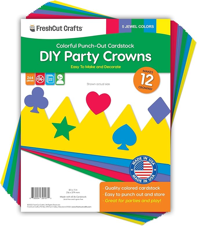 264pcs DIY Party Crown Kit – Makes 12 Princess King Children's Party Crowns, US Made JEWEL Colored Card Stock Easy Punch Out Craft for Royal Themed Birthday Party, Play Dates, Children's Theater Plays