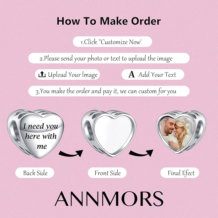 Annmors Personalized Photo Charms For Bracelets/Necklace 925 Sterling Silver Love Heart Shaped Engraved Customize Picture Gift for Birthday Mother's Day,Bead Charms Jewelry for Women
