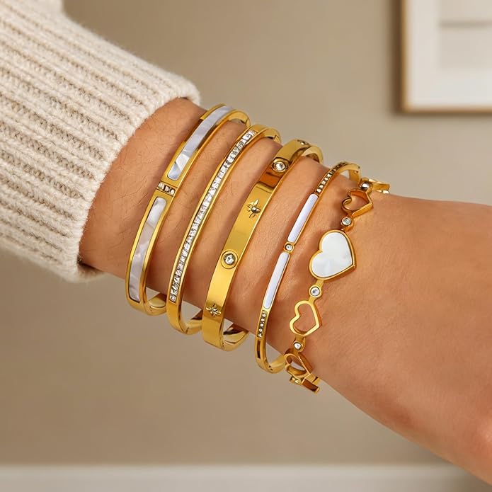 ZhiRui Women's 18K Gold Plated Stackable Bracelet Set - Waterproof Mother of Pearl Heart Cubic Zirconia Jewelry Gifts for Women