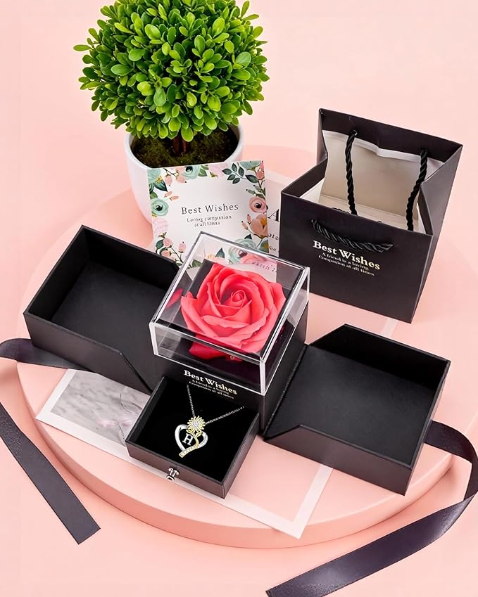 Birthday Gifts for Women Preserved Real Rose with Sunflower Initial Necklace - Birthday Gifts for Women Her Mom Wife on Valentines Mothers Day Christmas Anniversary Romantic with Pendant H