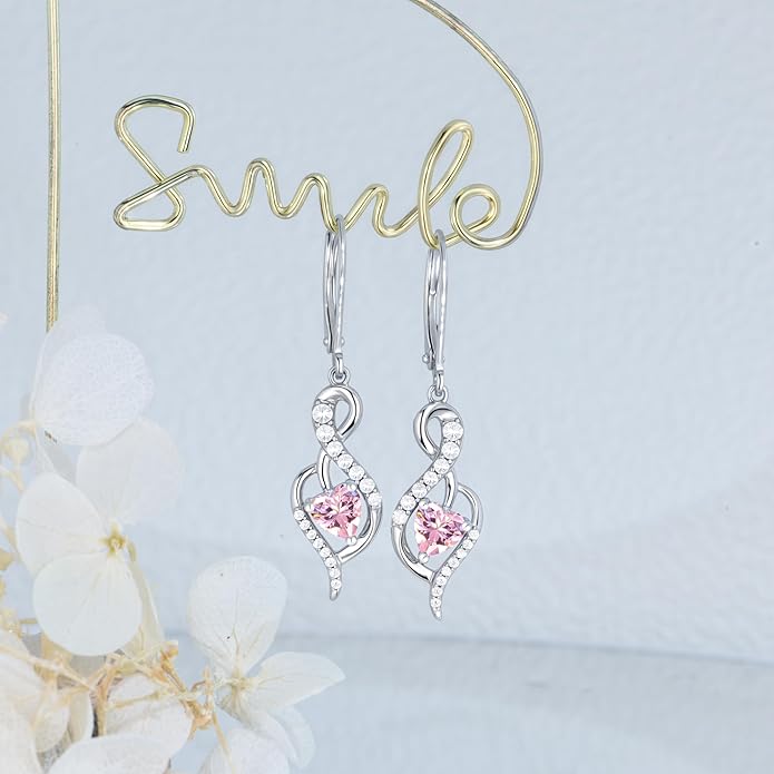 Infinity Heart Dangle Drop Earrings for Women, 925 Sterling Silver Birthstone Leverback Earrings, Birthday Anniversary Valentines Day Jewelry Gifts for Women Mom Her
