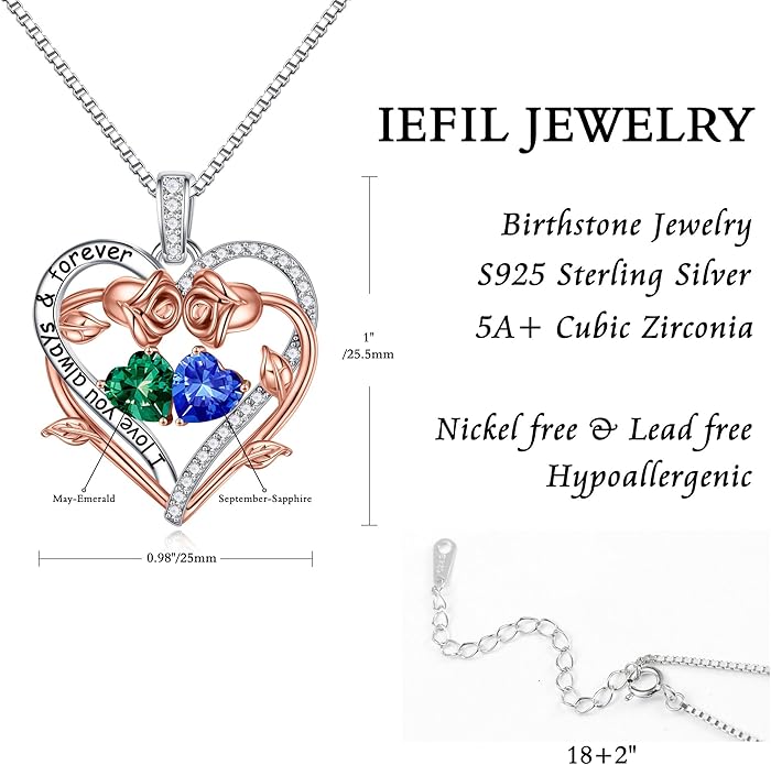 Iefil Valentines Gifts for Her Wife Women - Rose Heart Double Birthstone Necklace Gift for Wife Girlfriend Her Women, Birthstone Jewelry Gemstone Birthday Gifts for Mom Grandma Her