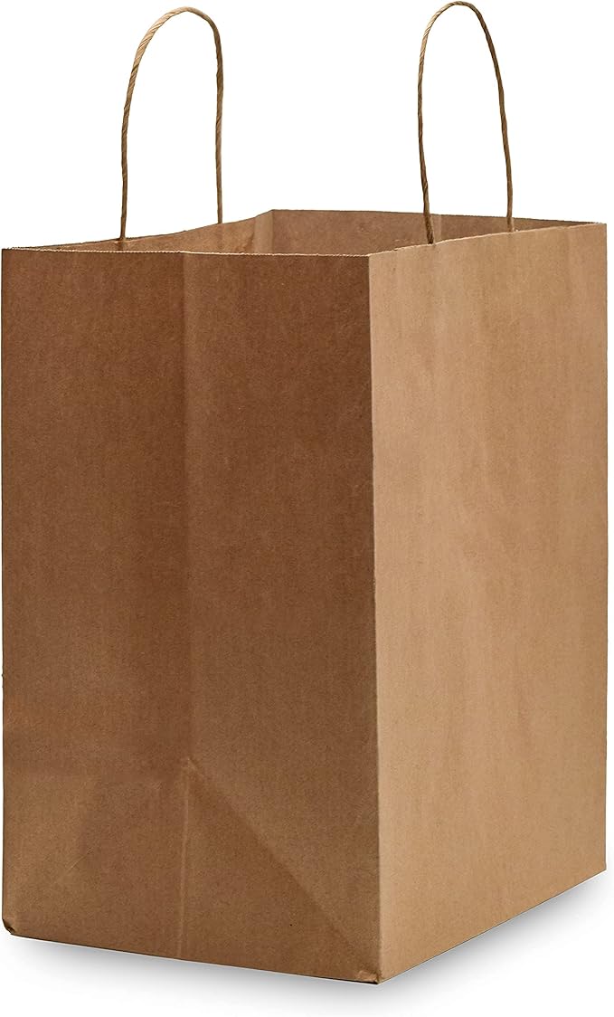 Prime Line Packaging Brown Paper Bags, Medium Shopping Bags with Handles for Small Business, To Go Food, Grocery, Retail, Party Favors, 10x6.75x12, 50 Pack
