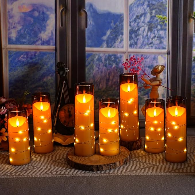 Flameless Candles with Embedded Star String, Battery Operated LED Pillar Candles with Timer and Remote Control,Home Decorating for Ambiance， Set of 9(Grey)