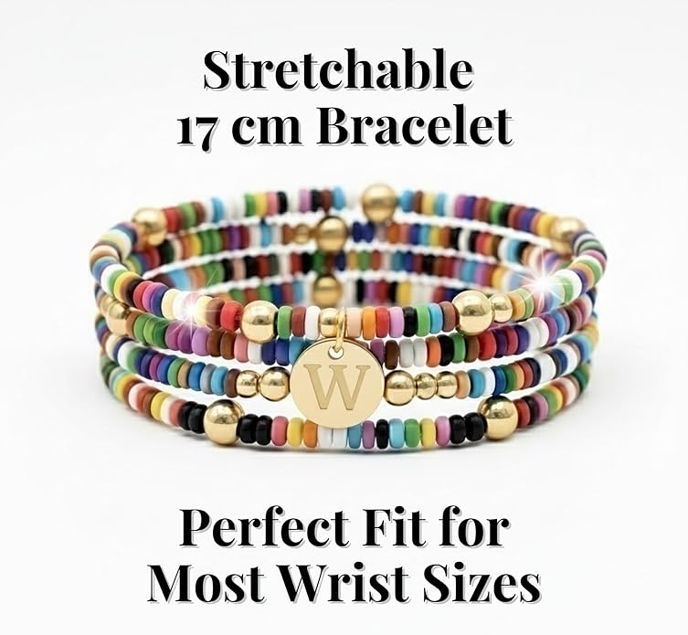 Set of 4 Colorful Bead Initial Bracelets, Personalized Stackable Jewelry, Adjustable Stretchy Charm Bracelets for Women, Beaded Bracelet Set, Trendy Custom Jewelry Gift