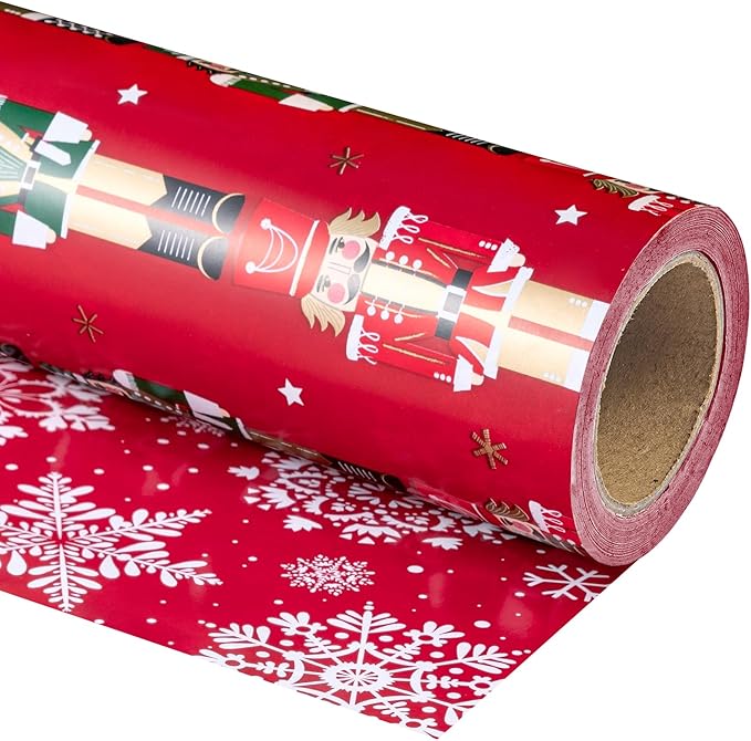 WRAPAHOLIC 30 Inch Jumbo Reversible Nutcracker Christmas Wrapping Paper - 30 Inch x 33 Feet - Red Nutcracker and Snowflake Wrapping Paper for Christmas, Holiday, Party