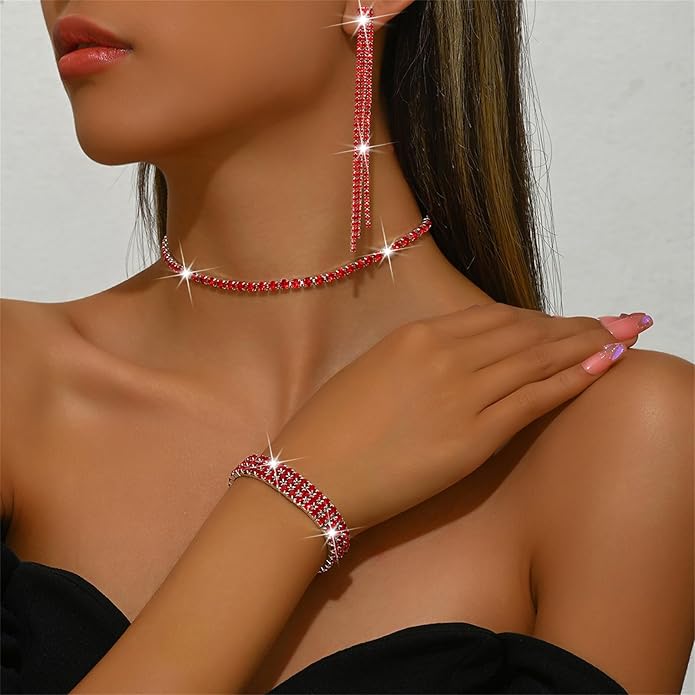 PINK TOWN Vintage Rhinestone Bridal Jewelry Sets,Crystal Wedding Prom Earrings Necklace Bracelet Set Fashion Zircon Bride Jewelry Dress Accessories for Women