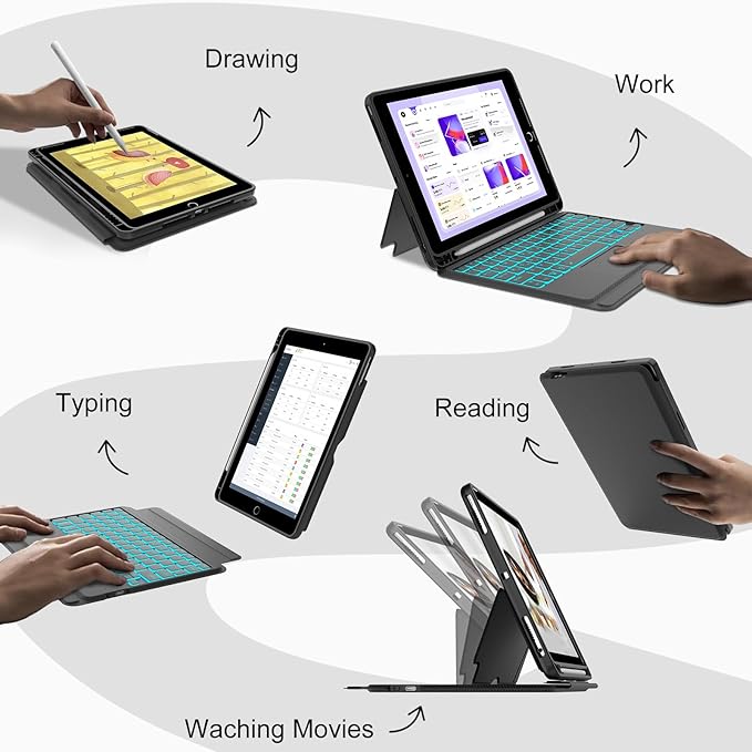 Touch for iPad 9th/8th/7th Generation Case with Keyboard 10.2 Inch, Multi-Touch Trackpad, 7 Color Backlit, Detachable Magnetic Folio Cover with Pencil Holder for iPad Air 3rd Gen/iPad Pro 10.5" Black