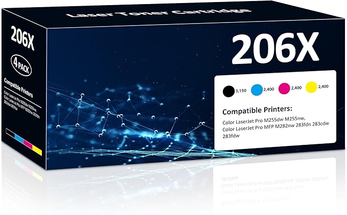 206X Toner Cartridges High Yield 4 Pack Compatible for HP 206X 206A Set for HP Color Laserjet Pro M255dw M255nw MFP M283fdw M283cdw M282nw M283fdn Printer(Black/Cyan/Yellow/Magenta)