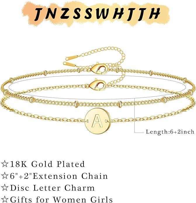 Valentines Day Gifts Initial Bracelets Gifts for Women Trendy - 18K Gold Plated Letter Bracelet Dainty Disc Monogram Charm Bracelet