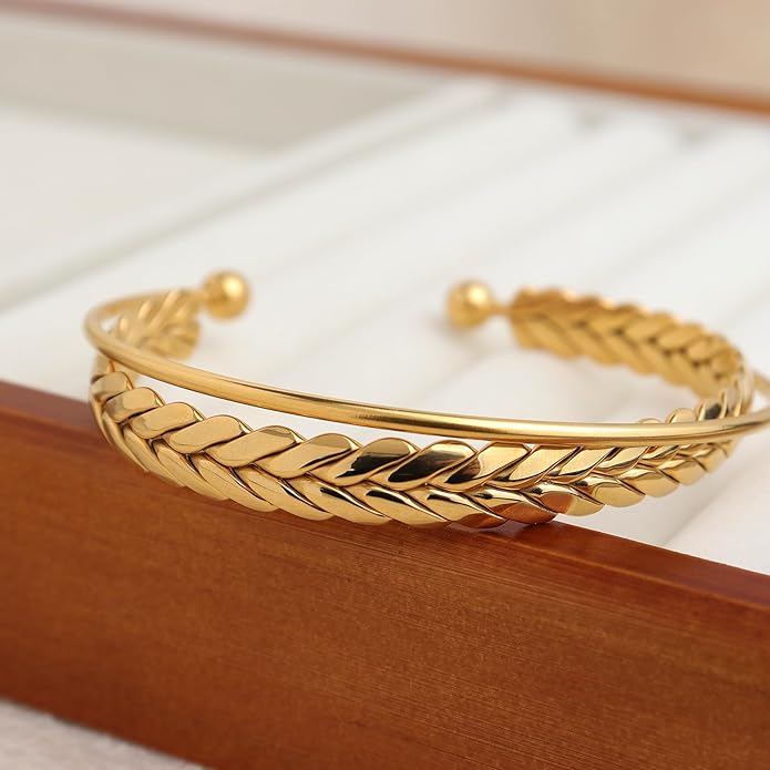 Dainty Gold Cuff Bracelets Set for Women, Non Tarnish Statement Wide Bangle Adjustable Wheat Braided Twisted Open Bracelet Beach Wedding Fashion Jewelry Gifts.