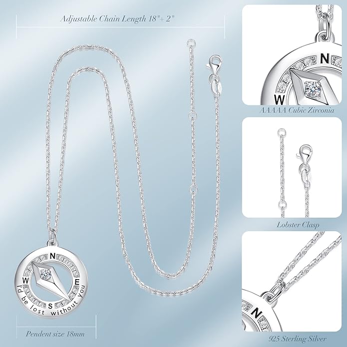 FANCIME Sterling Silver Compass Birthstone Necklaces Fine Jewelry Anniversary Birthday Gifts for Women Her Wife Mom