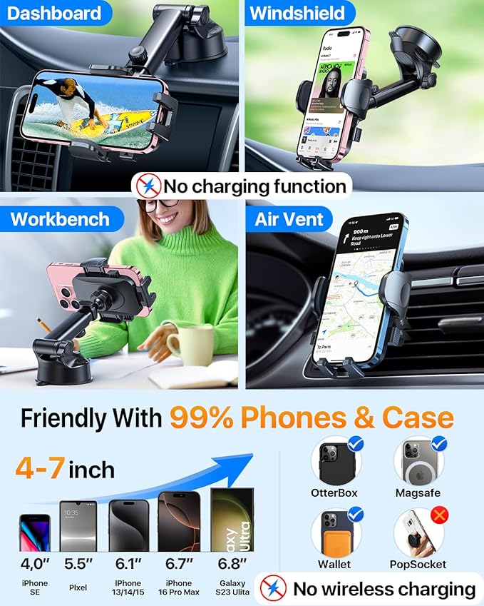 HTU [True Military-Grade] 2025 Upgraded Car Phone Holder 【Safety Certs & No Smell】 Cell Phone Holder for Car Mount for Dashboard Windshield Air Vent Long Arm Thick Case,Black