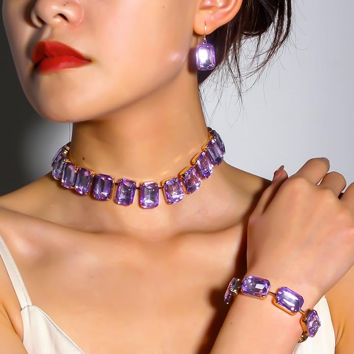 KOSMOS-LI Rectangle Faux Crystal Jewelry Sets Includ Necklace Bracelet Earrings For Women Stocking Stuffers
