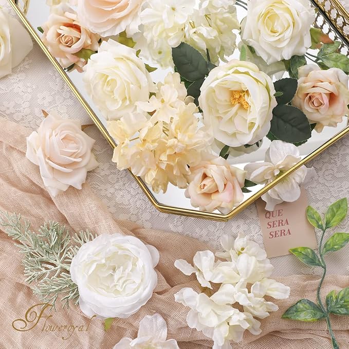 Floweroyal Artificial Flowers Combo White Flowers Mix Silk Flowers Dahlia Roses with Stems for DIY Wedding Bridal Bouquets, Baby Shower, Floral Arrangement, Table Centerpieces, Home Decorations.