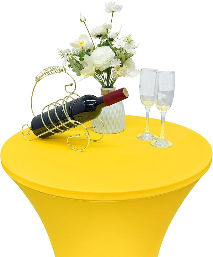 2PCS 24x43 Inch Round Fitted Cocktail Table Cover Yellow Spandex Cocktail Table Cloth Highboy Fitted Tablecloth High Top Table Cloths for Party Pub Banquet Bistro