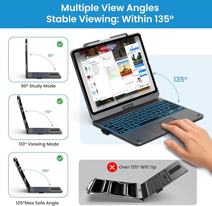 typecase Touch Case with Keyboard for iPad Pro 13-inch(M4, 2024), iPad Air 13-inch(M3, 2025/M2, 2024) & iPad Pro 12.9(6th/5th/4th/3rd Gen), Trackpad, 360° Rotatable, 11-Colors Backlit, Space Black
