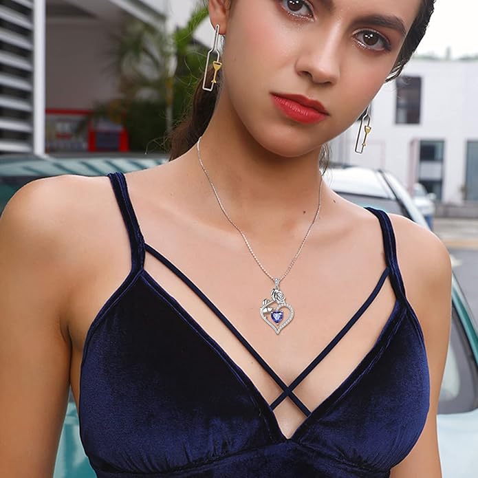 Jewmon Valentine Day Gifts for Her Rose Heart Birthstone Necklace for Women 925 Sterling Silver Birth Stone Flower Rose Necklace Anniversary Love GIfts for Girlfriend Wife Mom Birthday Gifts for Her