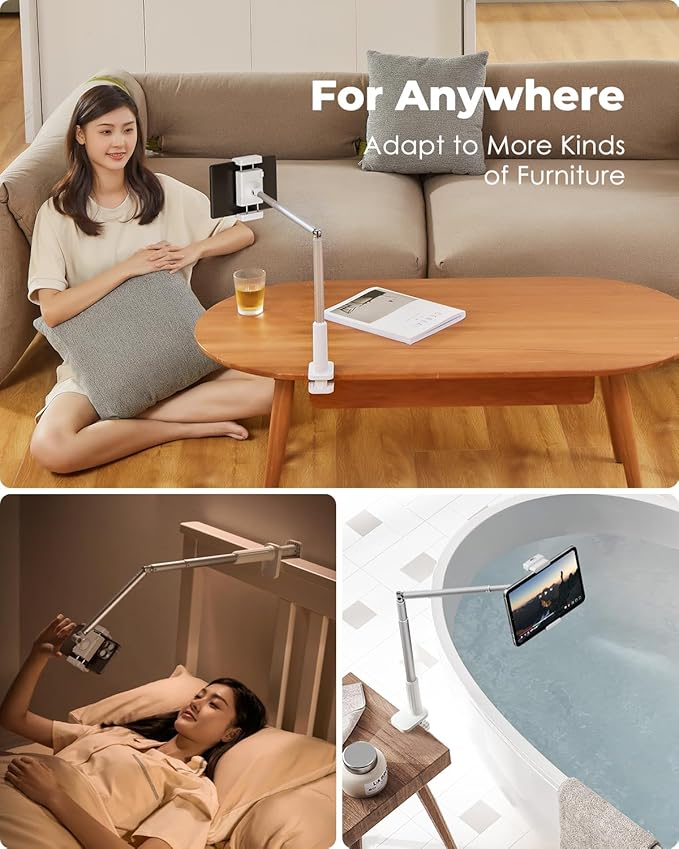Viozon Tablet Holder Stand, Phone/Kindle Holder with Flexible Aluminum Alloy Long Arm, C Clamp for Headboard Bedside&Table, Compatible with 3.5-11" iPad,Kindle, iPhone 15 14 Plus/Pro Max,W