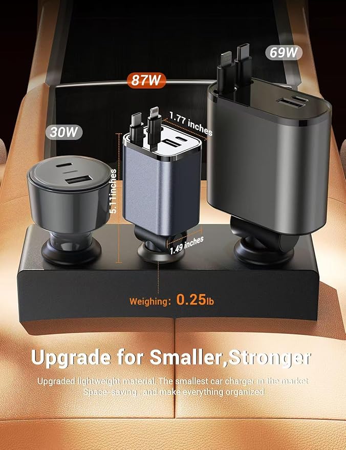 Mini Retractable Car Charger, 87W Car Accessories Adapter for iPhone 16 USB C Charger Fast Charging, Travel Essentials Gifts for Women Men, Road Trip Essentials for iPhone 16e 16 15 14 13 12